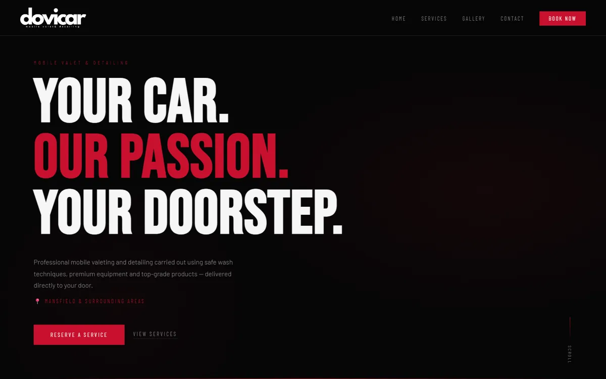 Dovicar website on desktop: mobile valet and detailing in Mansfield